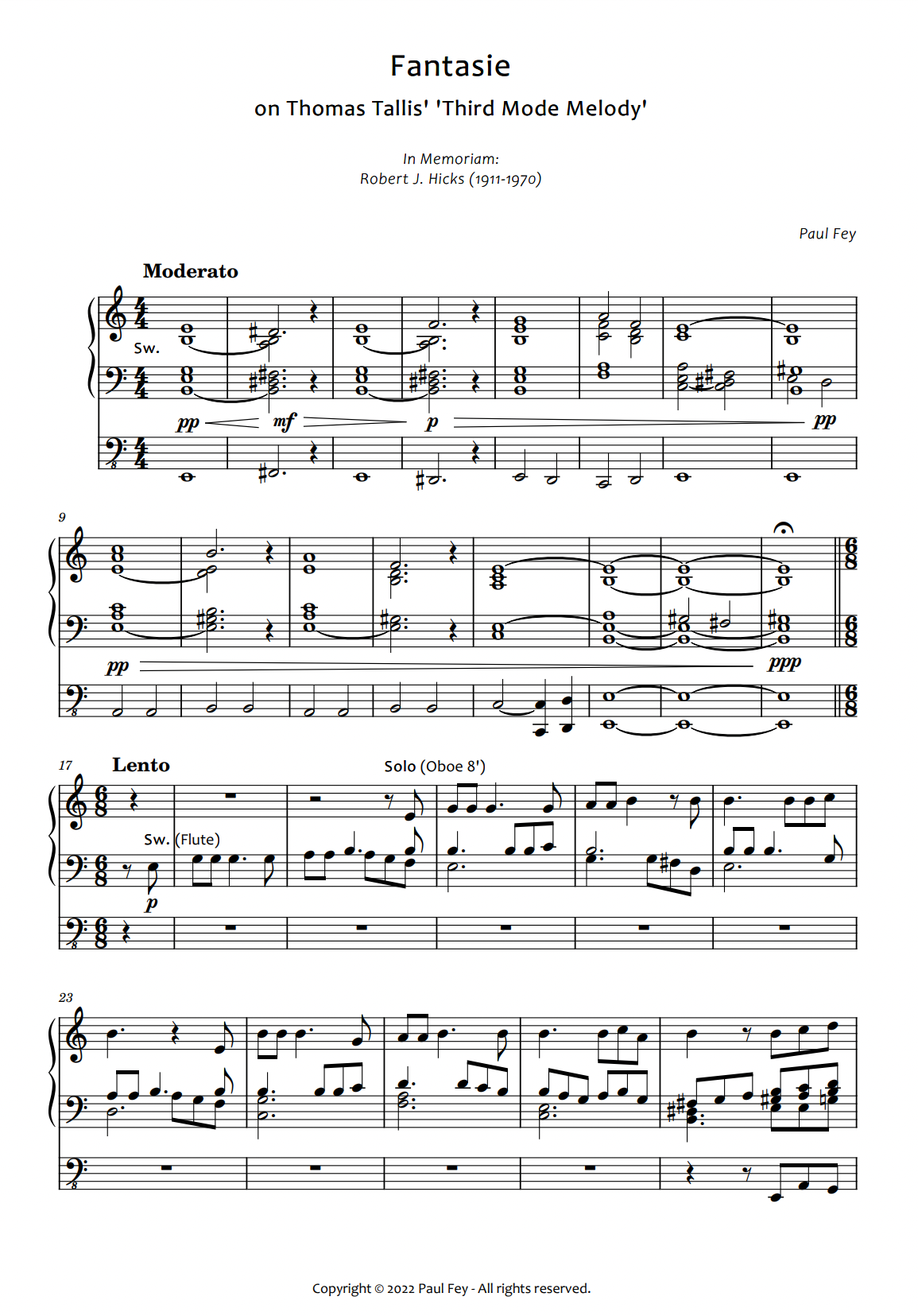 Fantasy on a Theme by Tallis" for Organ (Sheet Music) - Music for Organ