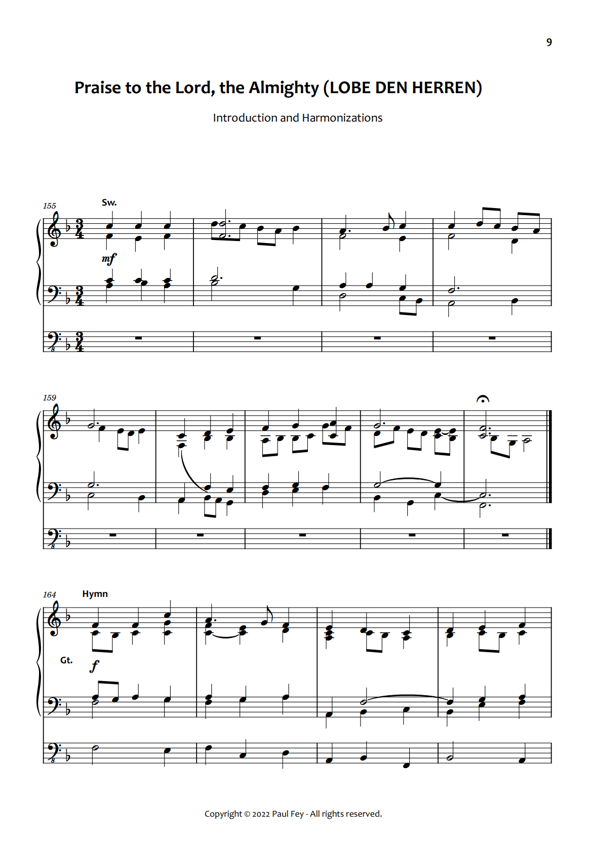 Praise to the Lord the Almighty Lobe Den Herren Sheet Music For Pipe Organ by Paul Fey