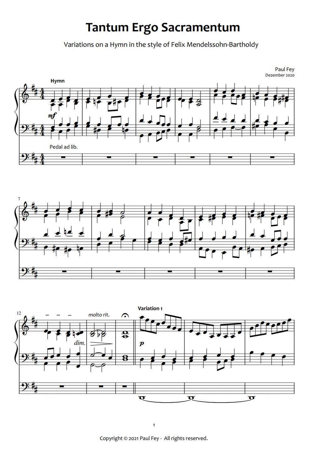 Variations on "Tantum Ergo Sacramentum" (Sheet Music) - Music for Pipe Organ by Paul Fey