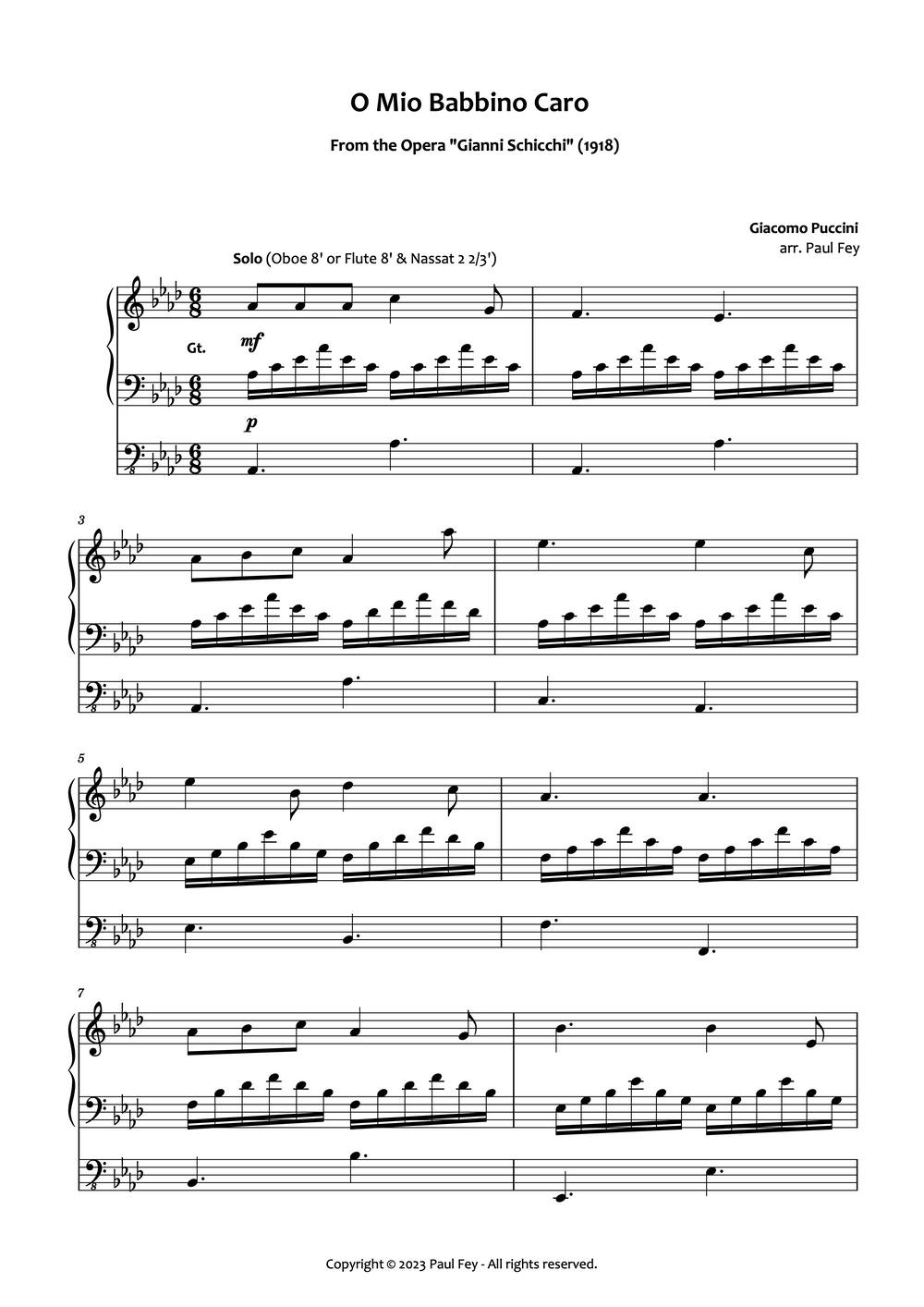 O Mio Babbino Caro' for Organ (Sheet Music) - Music for Organ by Paul Fey Musician Organist