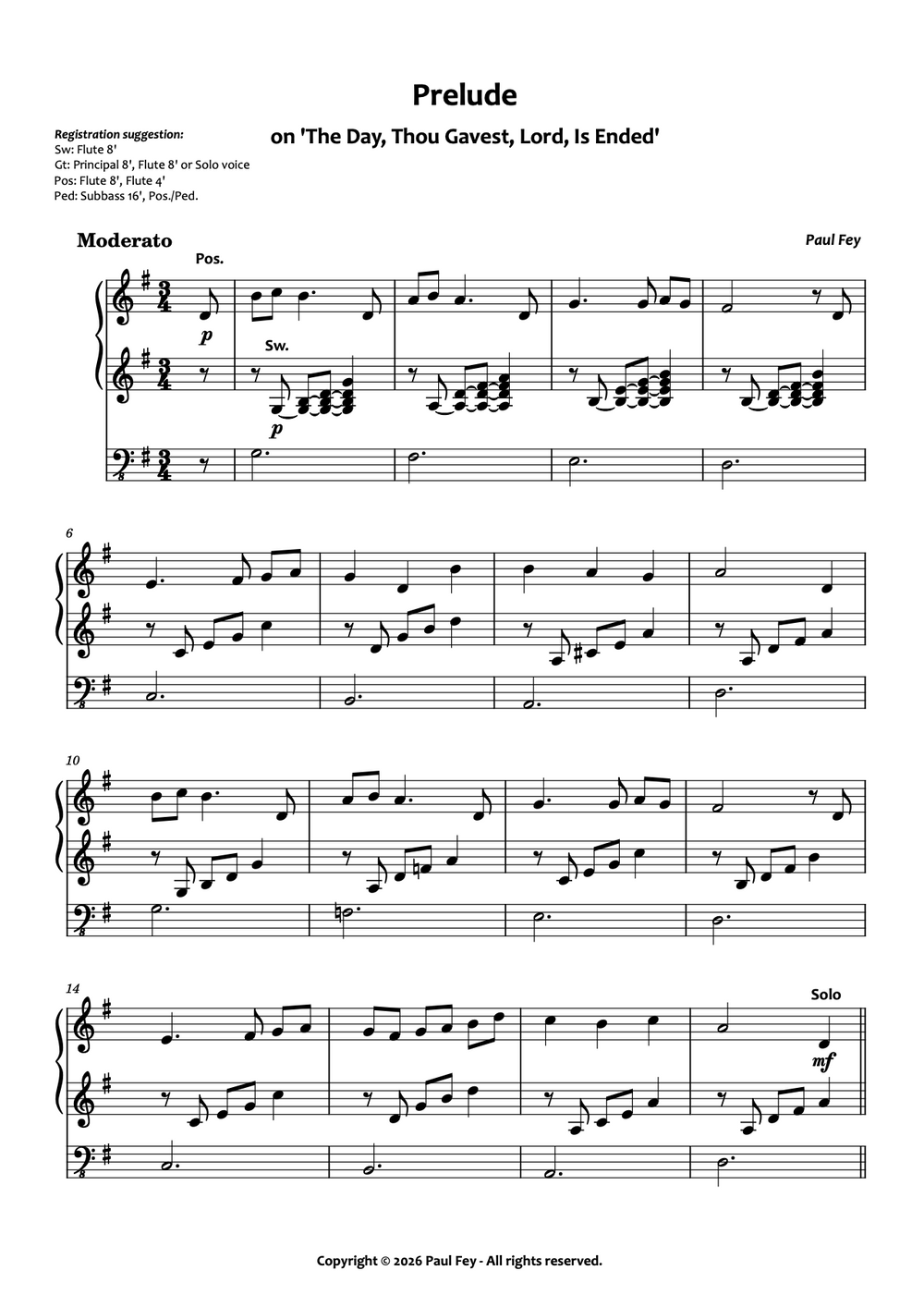 Präludium zu 'The Day, Thou Gavest, Lord, Is Ended' (Noten) - Paul Fey