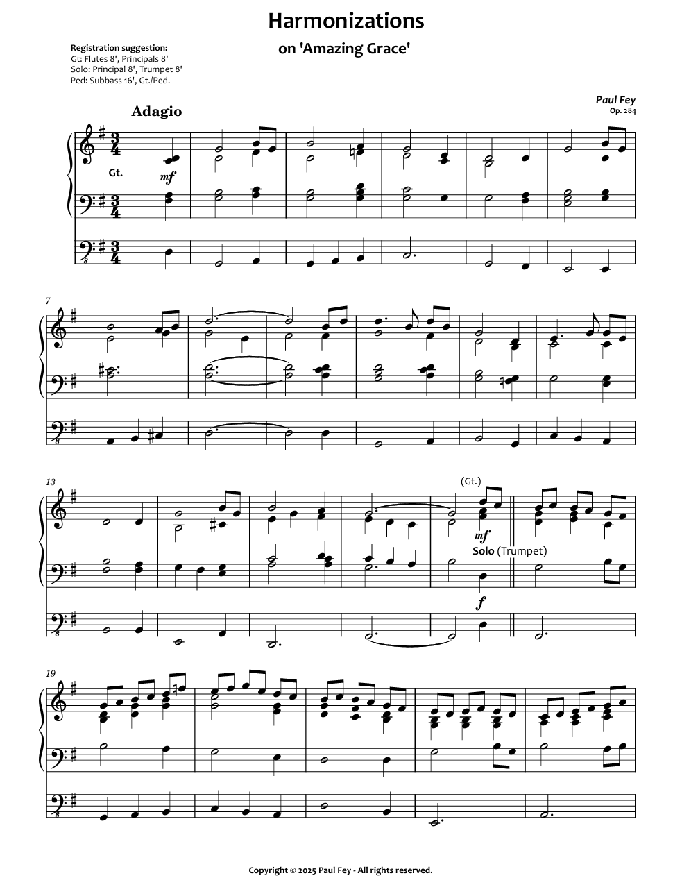 Harmonizations on 'Amazing Grace' (Sheet Music) - Paul Fey, Op. 284