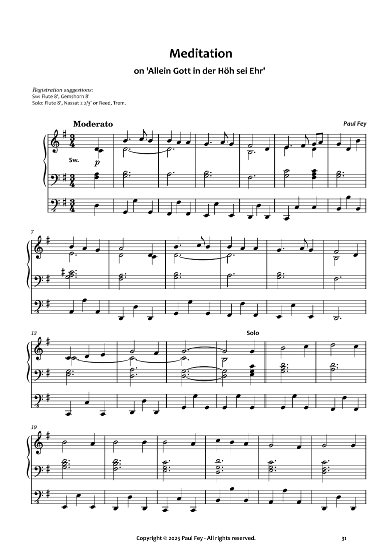 Meditation on 'Allein Gott in der Höh sei Ehr' (Sheet Music) - Paul Fey