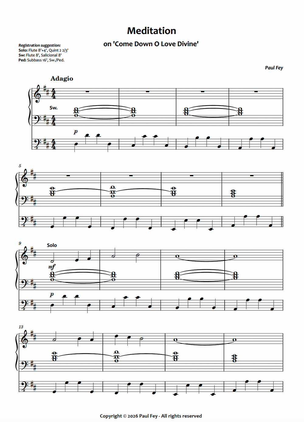 Meditation on 'Come Down O Love Divine' (Sheet Music) - Paul Fey