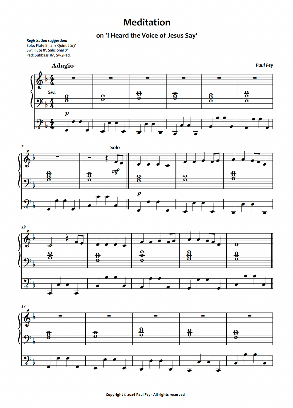 Meditation on 'I Heard the Voice of Jesus Say' (Sheet Music) - Paul Fey
