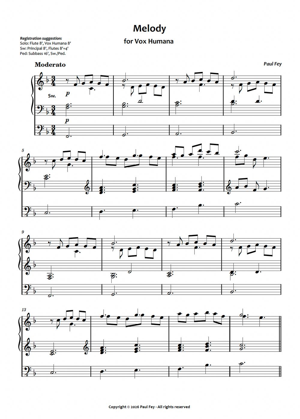 Melody for Vox Humana (Sheet Music) - Paul Fey