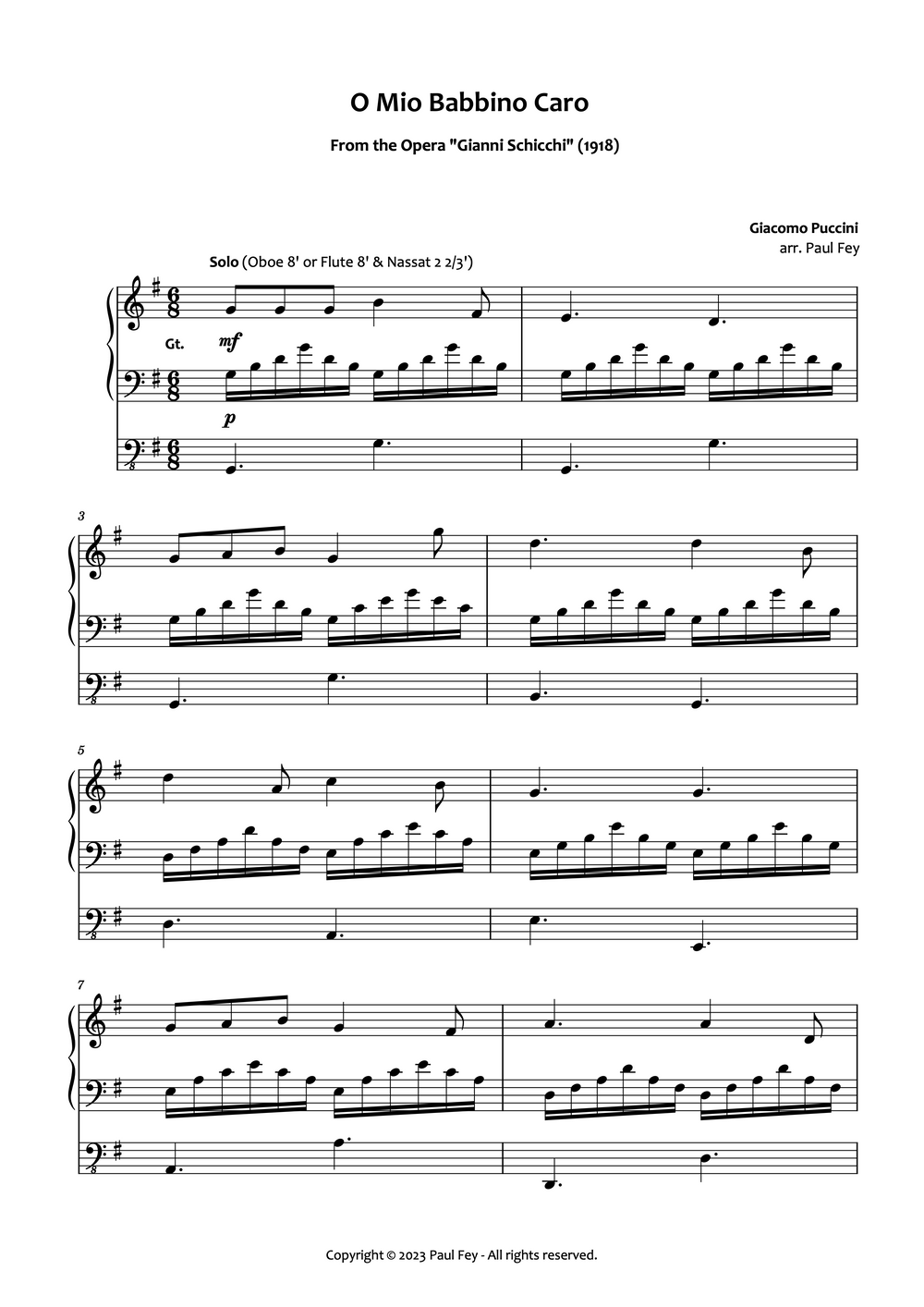 O Mio Babbino Caro' for Organ (Sheet Music) - Music for Organ by Paul Fey Organist Sheet Music 