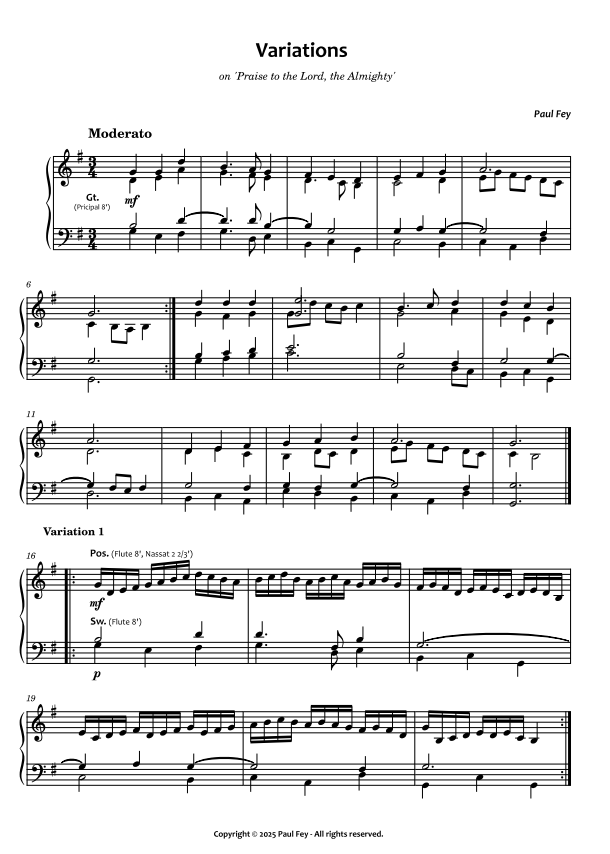 Variations on 'Praise to the Lord the Almighty ' (Sheet Music) - Paul Fey