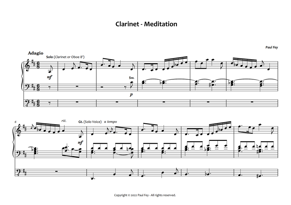 Clarinet Meditation for Pipe Organ (Sheet Music) - Music for Pipe Organ by Paul Fey