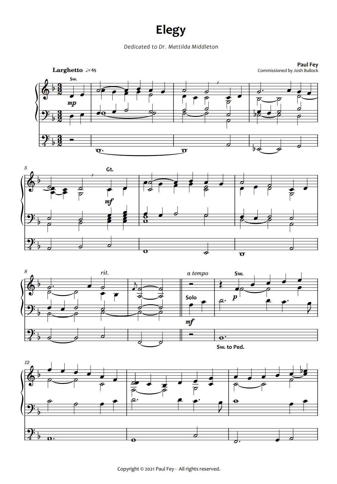 Elegy Dedicated Sheet Music by Paul Fey Organist 