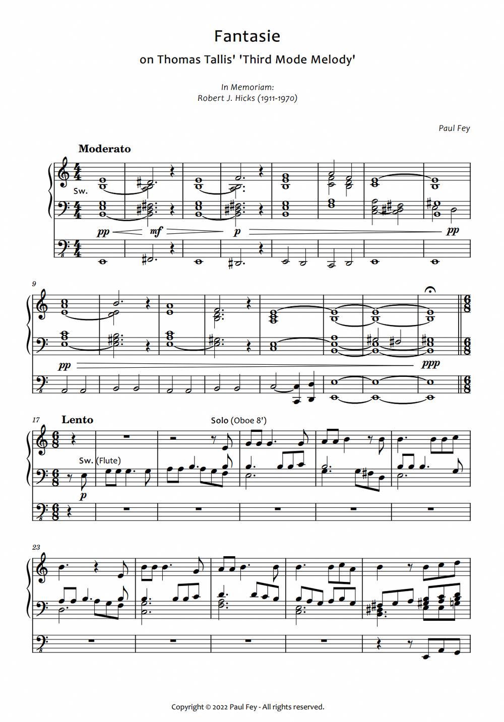 Fantasy on a Theme by Tallis" for Organ (Sheet Music) - Music for Organ