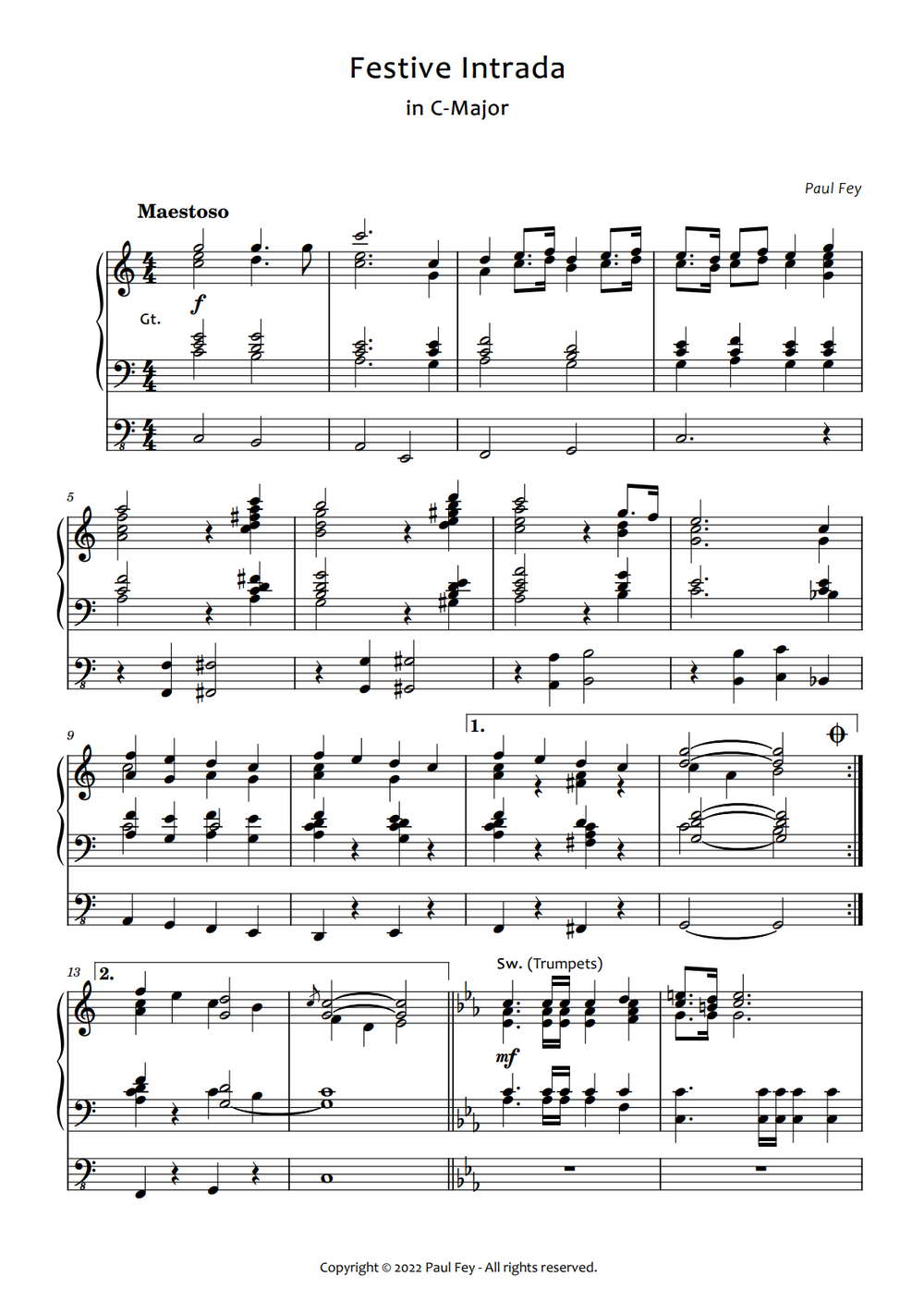 Festive Intrada" in C-Major for Organ (Sheet Music) - Music for Pipe Organ by Paul Fey