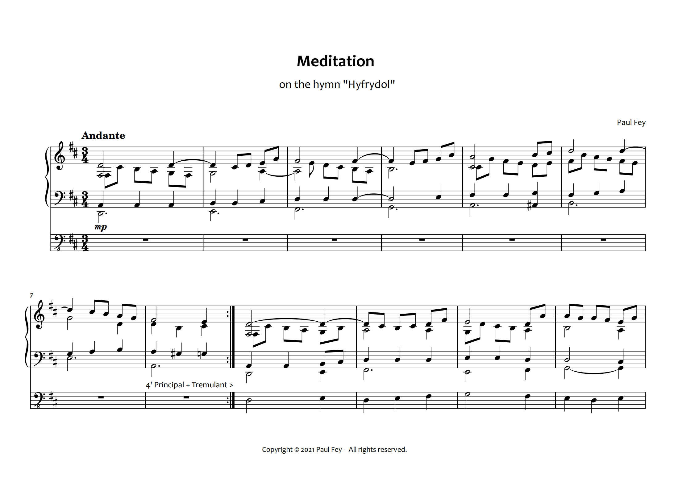 Meditation on "Hyfrydol" (Sheet Music) - Pipe Organ Music by Paul Fey