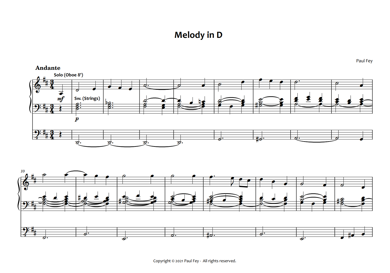 Melody in D" for Pipe Organ (Sheet Music) - Music for Organ By Paul Fey Organist