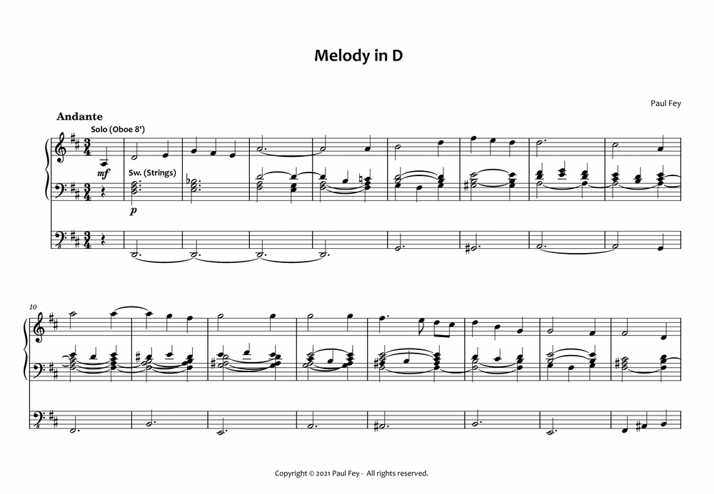 Melody in D" for Organ (Sheet Music) - Music for Pipe Organ by Paul Fey