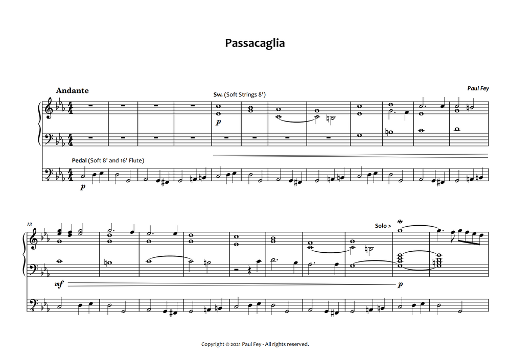 Passacaglia in c-Minor (Pipe Organ Sheet Music) - Music for Pipe Organ by Paul Fey Organist 