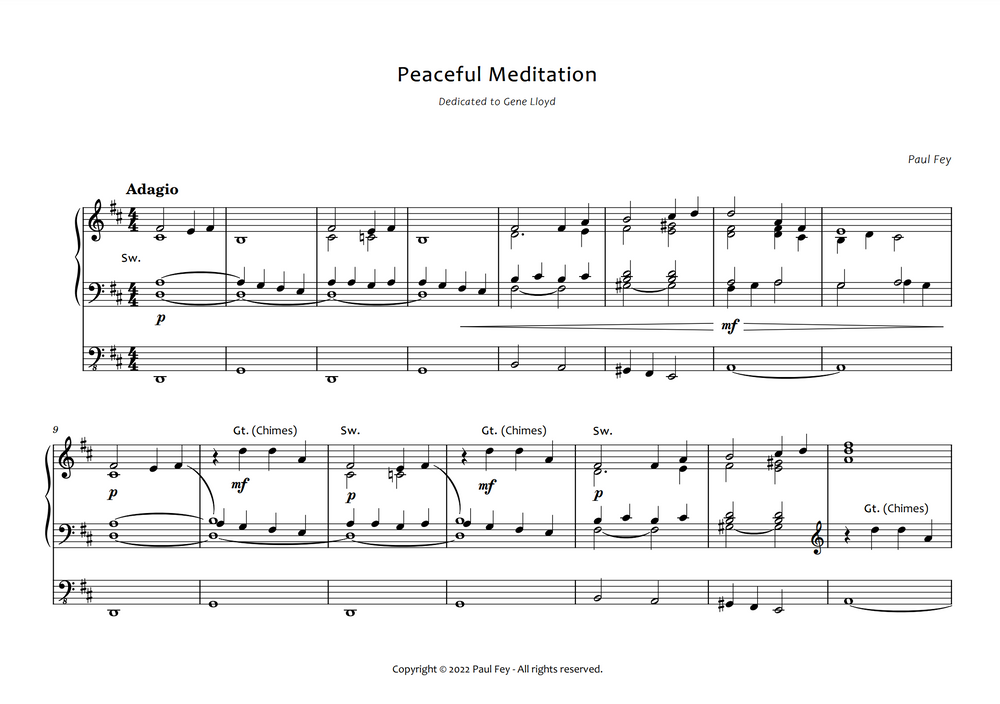 Peaceful Meditation" for Organ (Sheet Music) - Music for Pipe Organ by Paul Fey