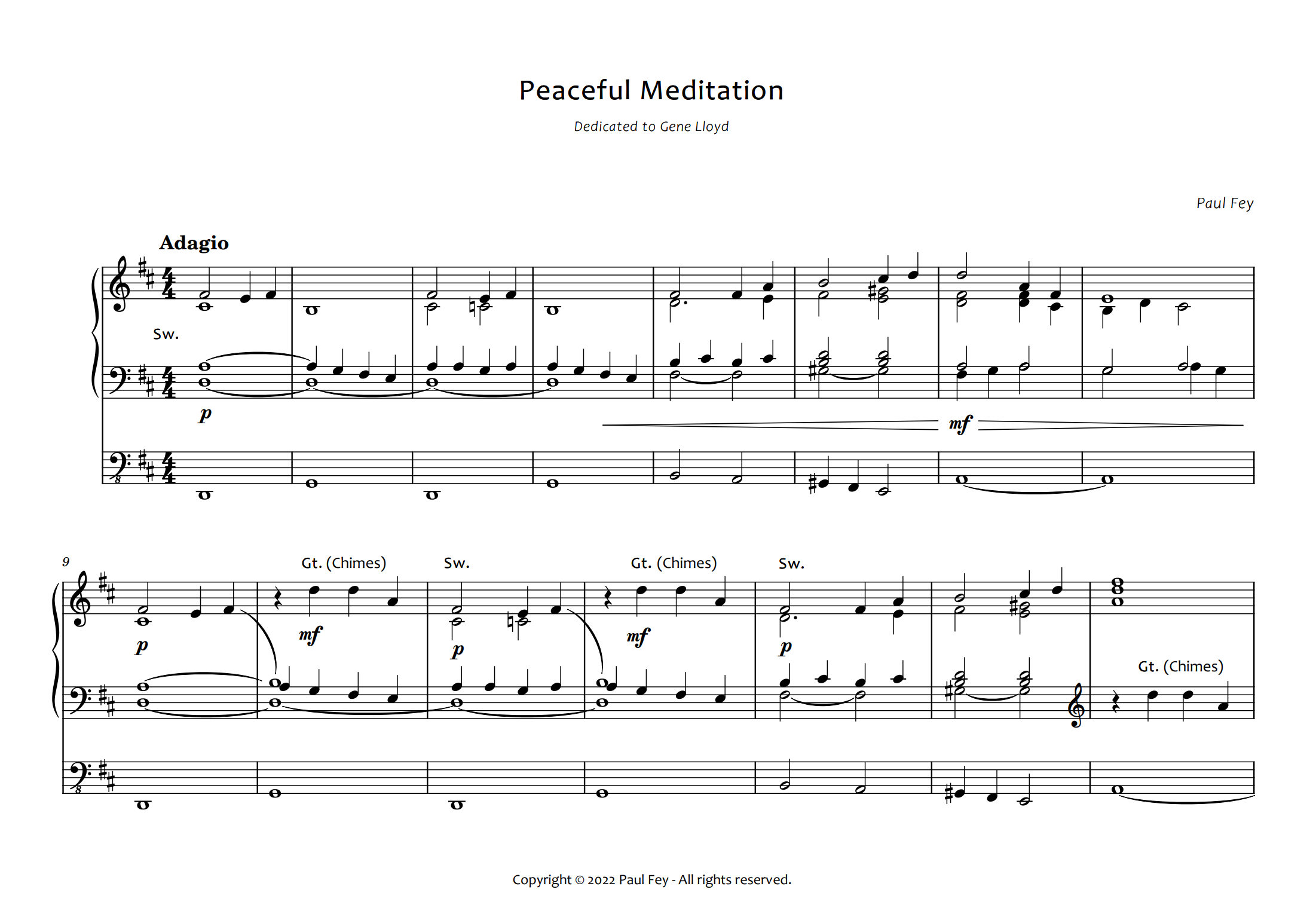 Peaceful Meditation" for Organ (Sheet Music) - Music for Pipe Organ by Paul Fey