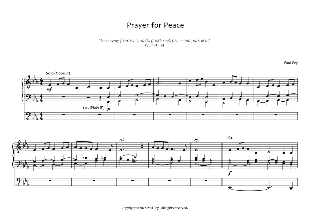 "Prayer for Peace" for Organ (Pipe Organ Sheet Music) - Music for Pipe Organ by Paul Fey
