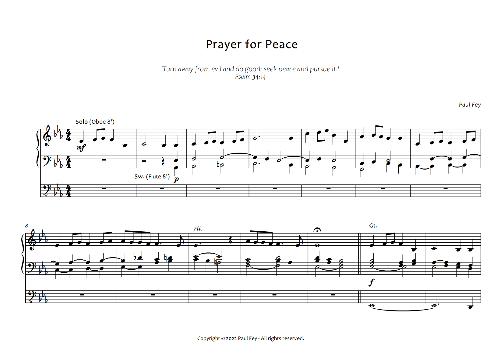 Prayer for Peace" for Pipe Organ (Sheet Music) - Music for Organ by Pau lFey