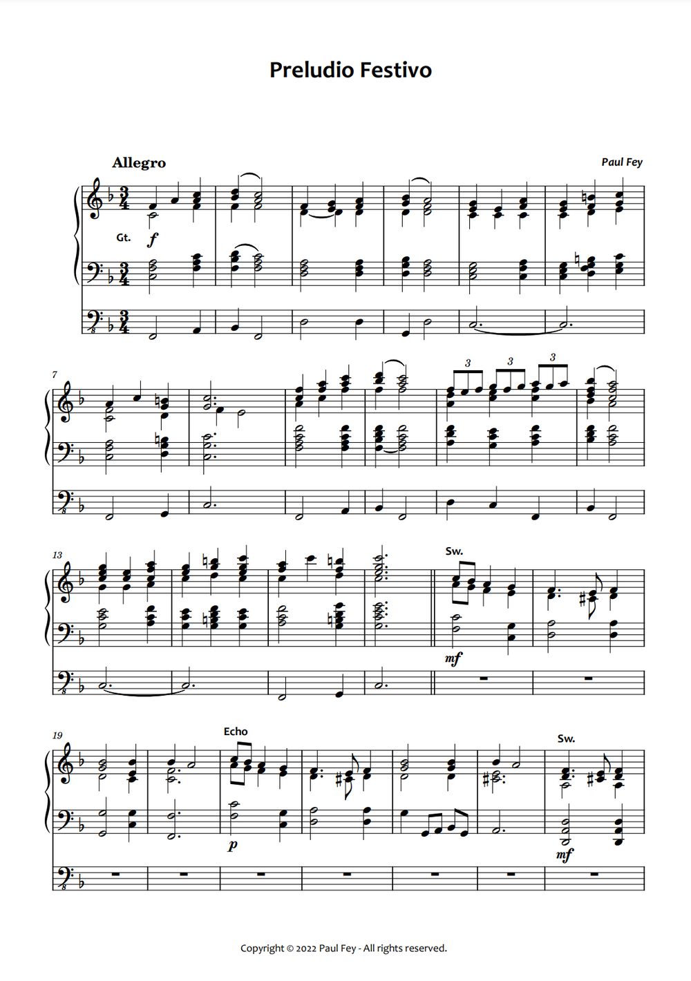 Preludio Festivo" for Organ (Sheet Music) - Music for Pipe Organ by Paul Fey