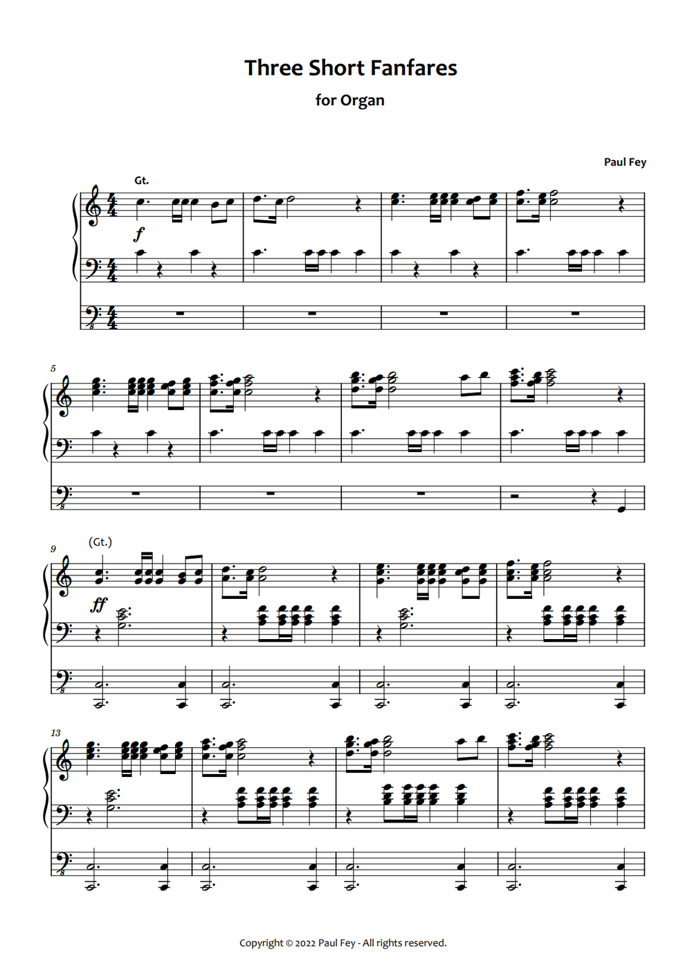 Three Short Fanfare Music Sheets for Pipe Organ by Paul Fey Organist