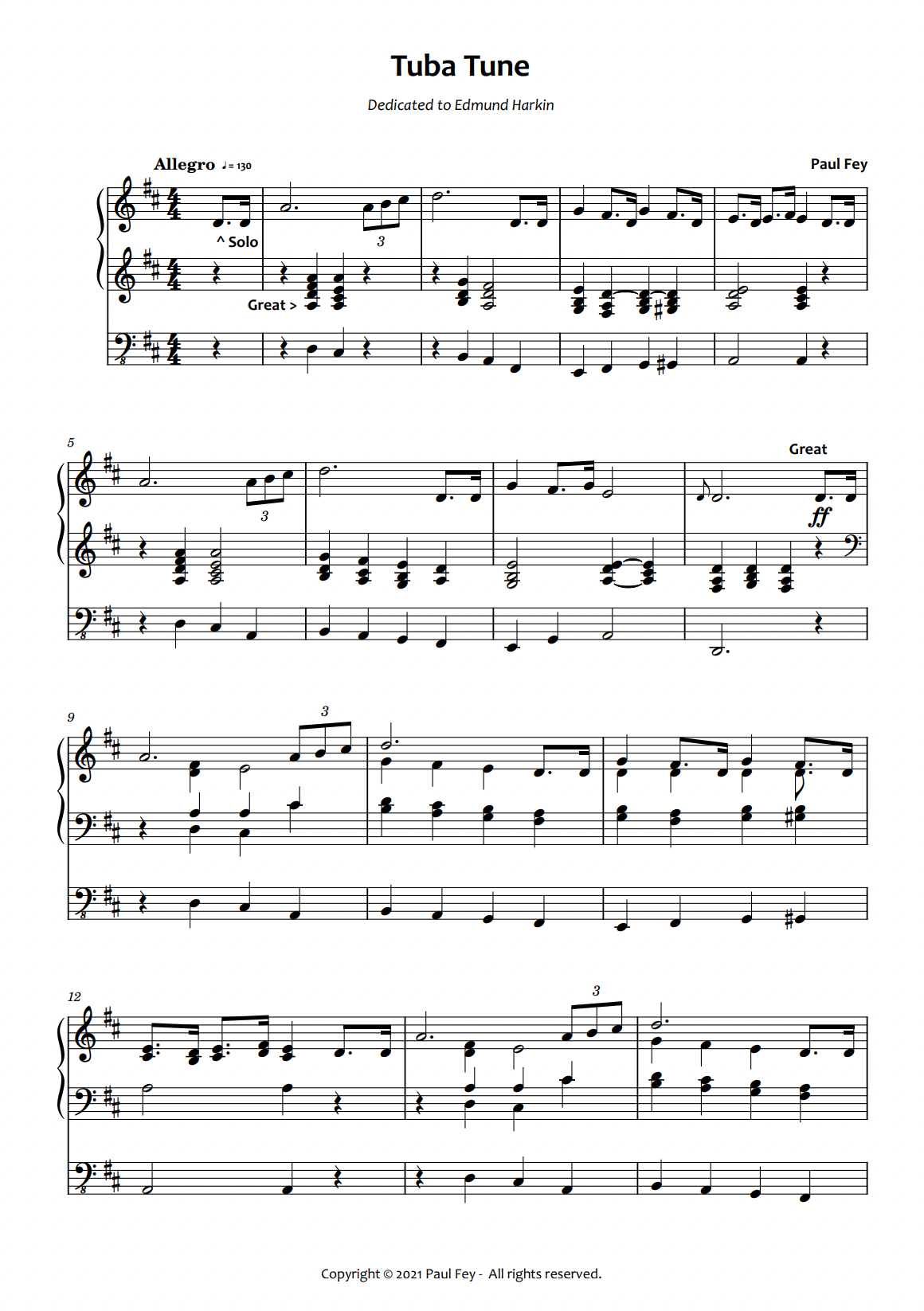 Tuba Tune in D-Major (Sheet Music) - Music for Organ by Paul Fey